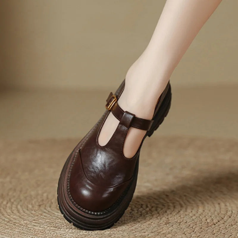 Women's T Strap Ballet Flats with an Adjustable Buckle | Round Toe with Brogue Perforations, Low Heel | Size 5-9.5, 2 Colors