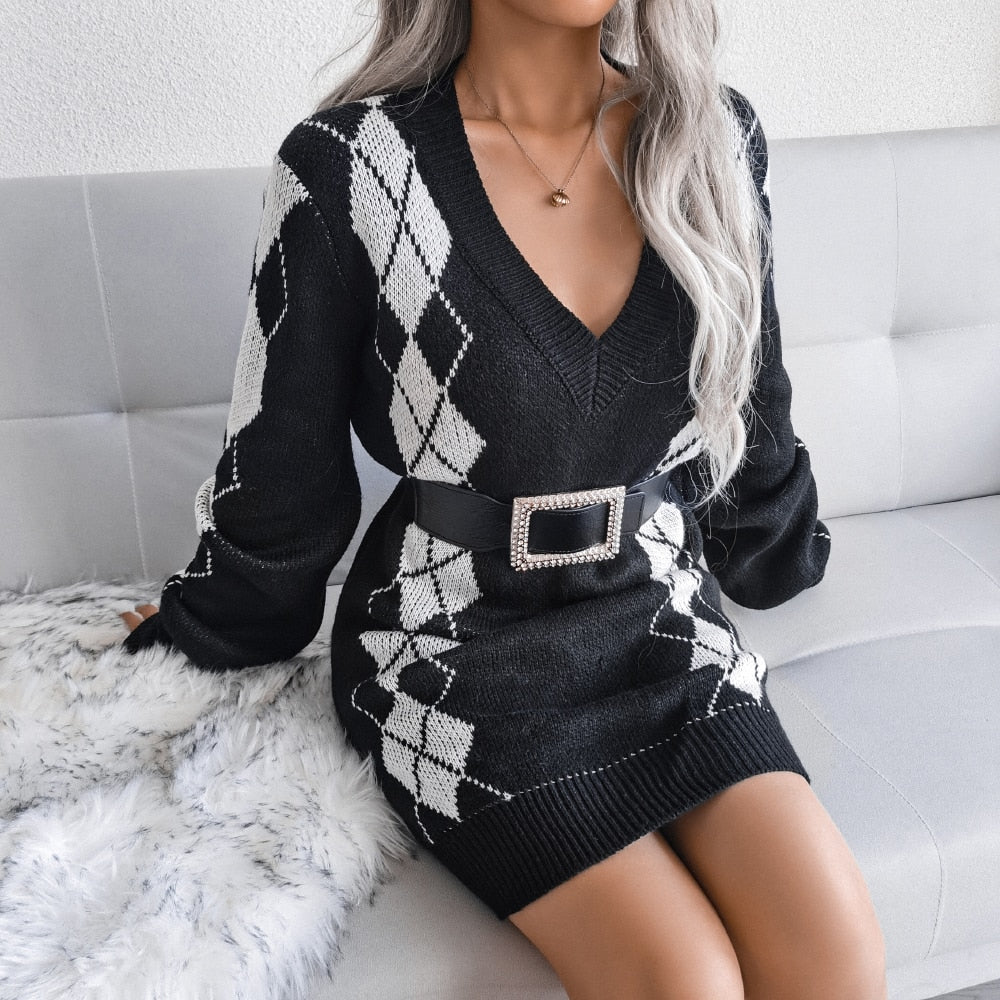 Women's Short Sweater Dress in Argyle Diamond Knit | Deep V Neckline, Ribbed Trims, Long Sleeves | Sizes S-2XL, 3 Colors