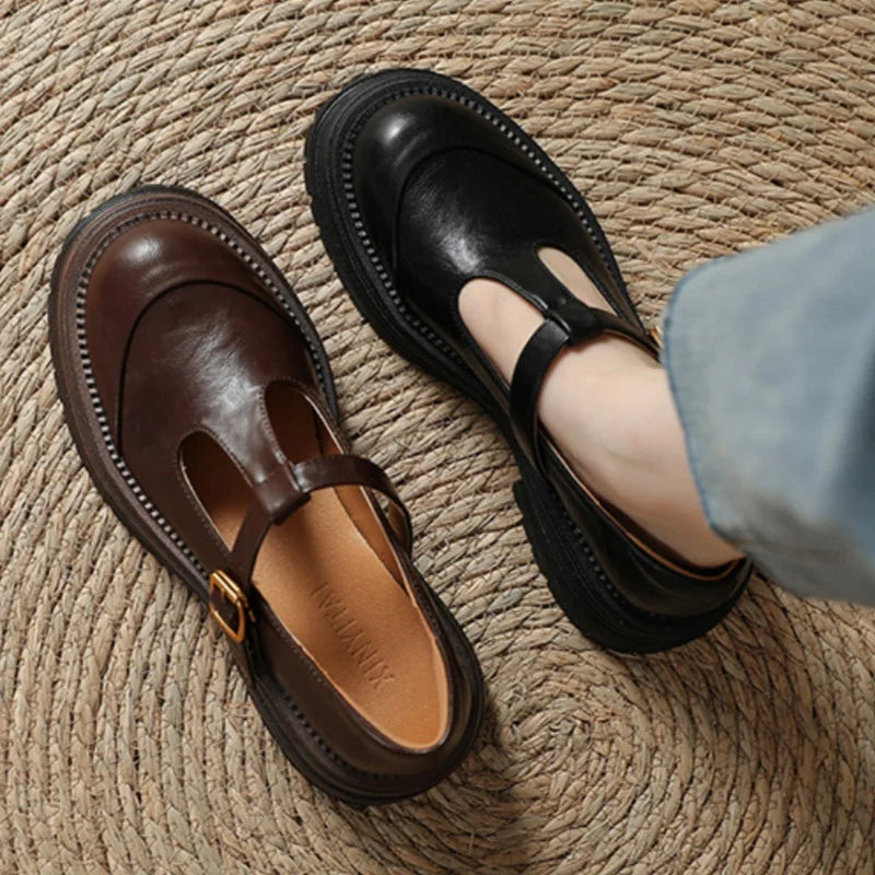 Women's T Strap Ballet Flats with an Adjustable Buckle | Round Toe with Brogue Perforations, Low Heel | Size 5-9.5, 2 Colors