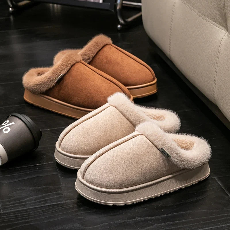 Women's Fluffy Slippers in Faux Suede | Warm Lined Mules with an Open Back | Flat Anti Slip EVA Sole for Indoor Wear