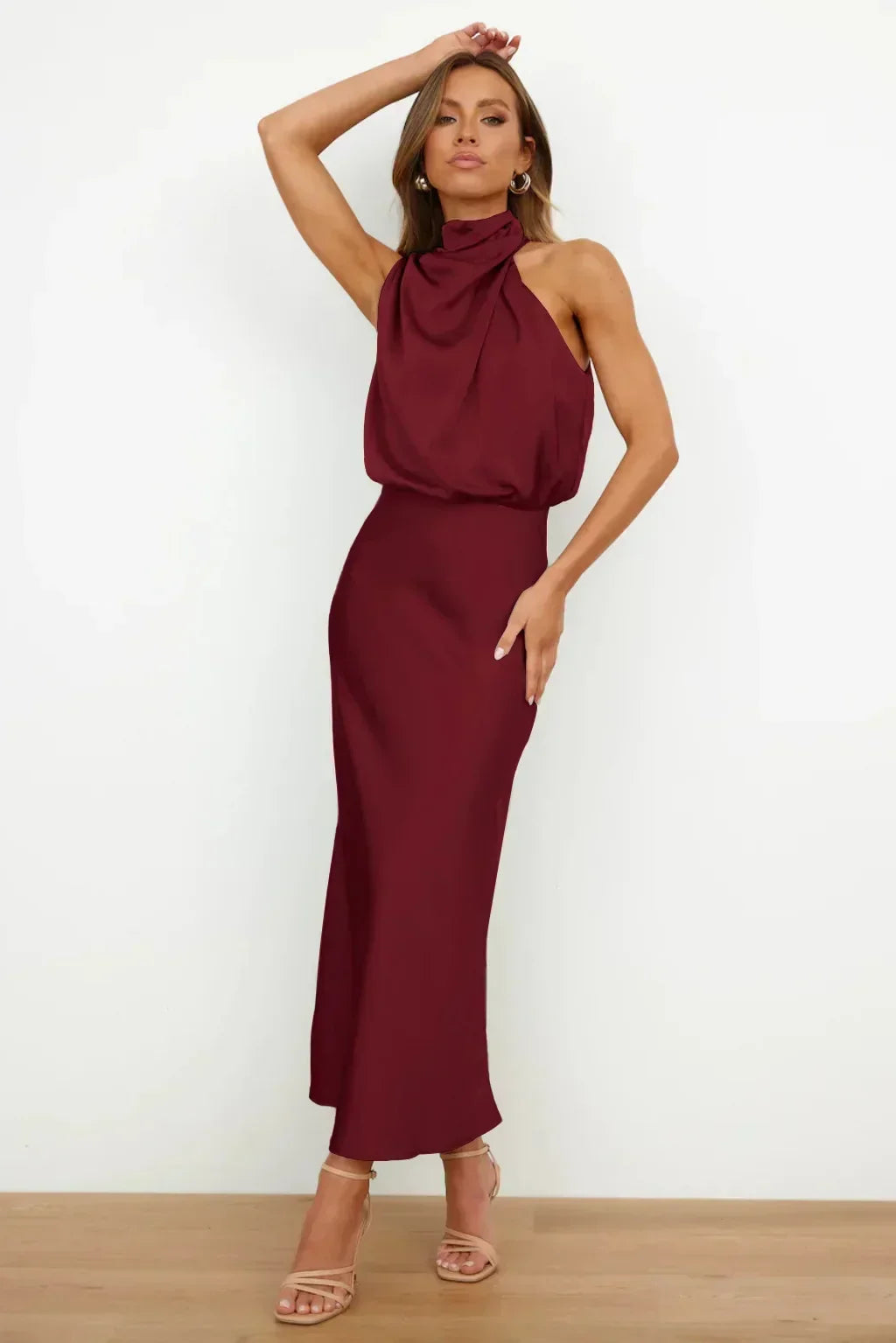 Women's Formal Wedding Guest Dress in Fluid Fabric | High Neck with Soft Sheen, Easy Movement | Size S-5XL, 9 Colors