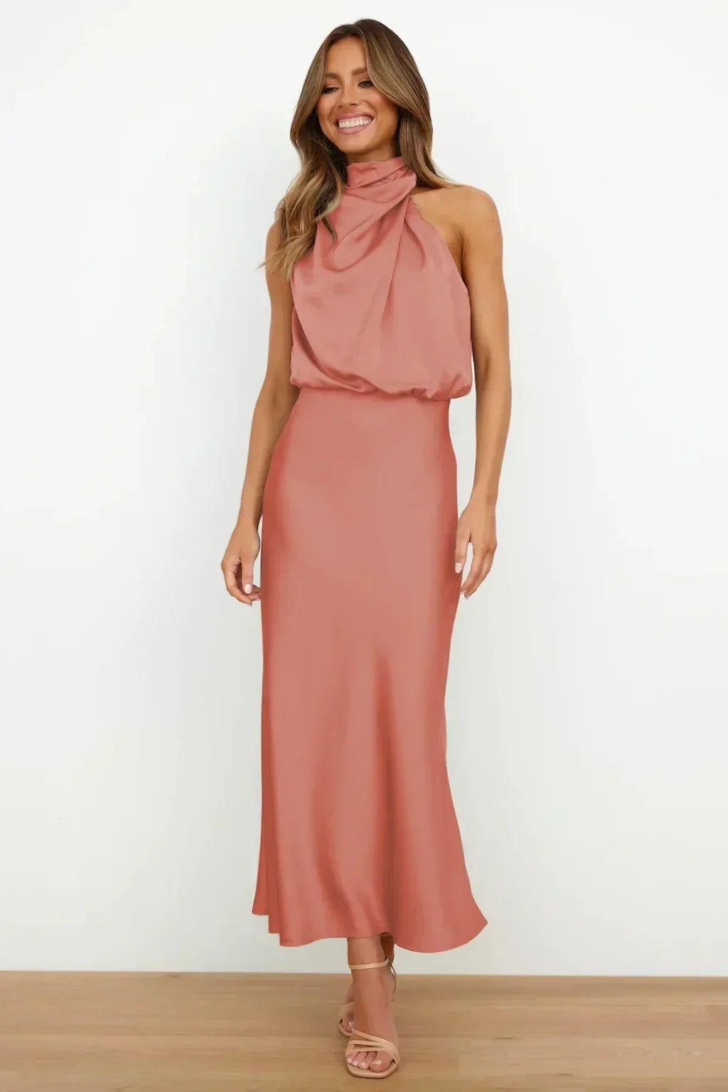 Women's Formal Wedding Guest Dress in Fluid Fabric | High Neck with Soft Sheen, Easy Movement | Size S-5XL, 9 Colors