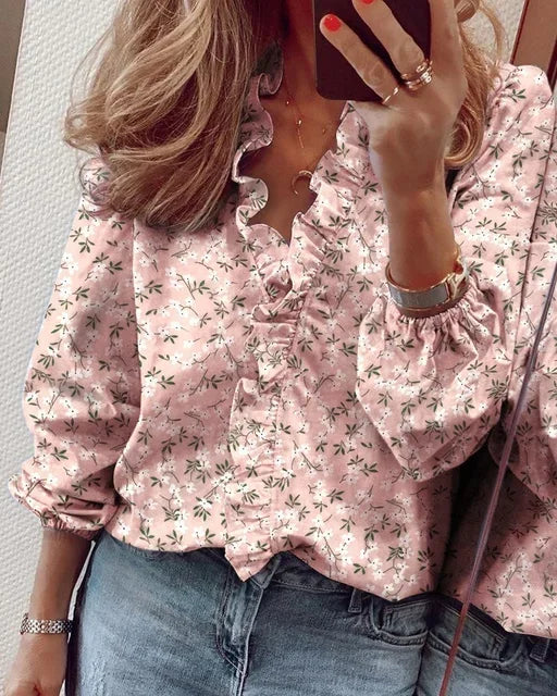 Women's Balloon Sleeve Blouse with a Ruffle Collar | Pleated Volume and Breathable Light Fabric | Size S-5XL, 8 Colors