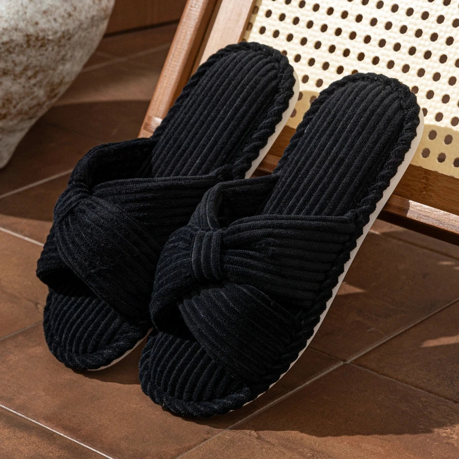 Women's Slide Slippers with a Knotted Bow | Corduroy Open Toe Mules with a Cushioned Insole | Sizes S to 2XL, 5 Colors
