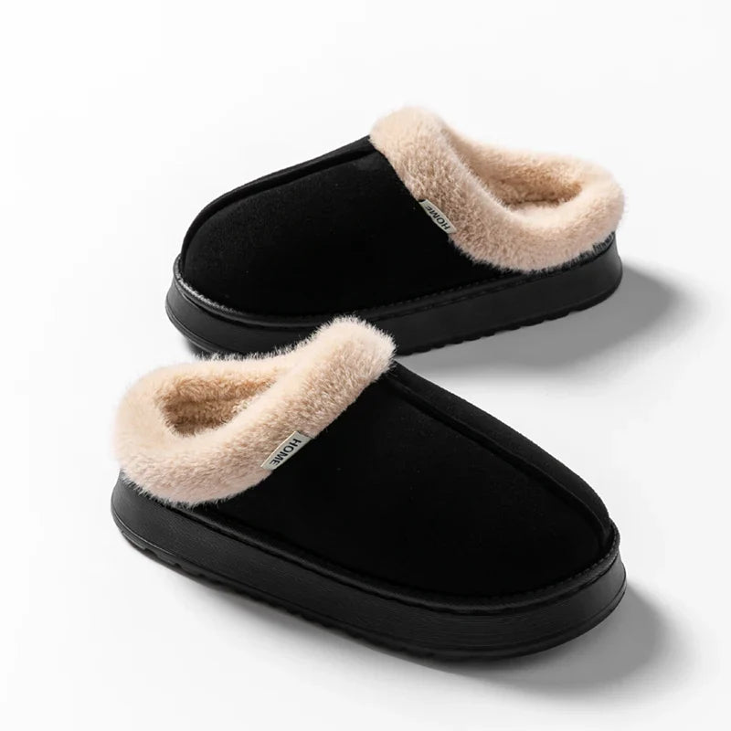 Women's Fluffy Slippers in Faux Suede | Warm Lined Mules with an Open Back | Flat Anti Slip EVA Sole for Indoor Wear