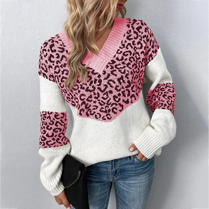 Women's Leopard Print Sweater with V Neck | Soft Knit Pullover That Keeps You Warm All Day | Size S-XL, 6 Colors