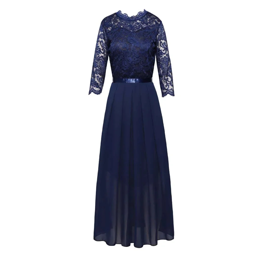 Women's Lace Overlay Maxi Dress with 3/4 Sleeves | Pleated Floor Length Skirt | Size S-2XL, 4 Colors