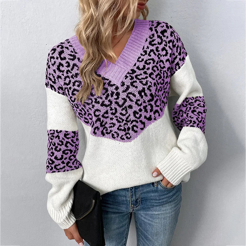 Women's Leopard Print Sweater with V Neck | Soft Knit Pullover That Keeps You Warm All Day | Size S-XL, 6 Colors