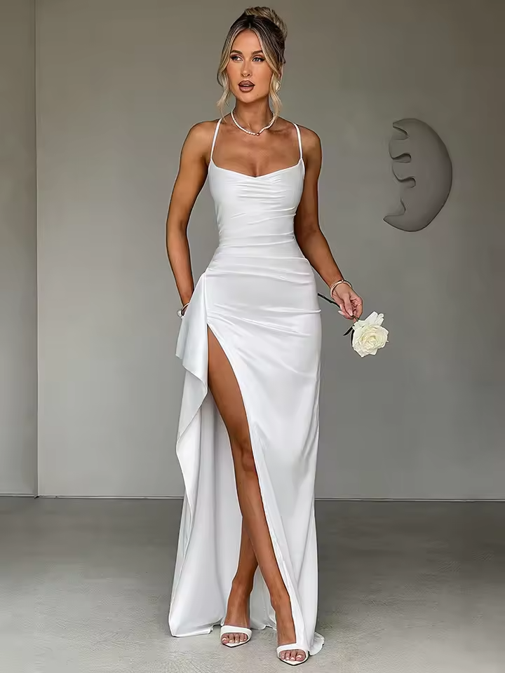 Women's Satin Formal Maxi Dress with High Slit | Floor Length Gala Look | Sizes XS to 3XL, 3 Colors