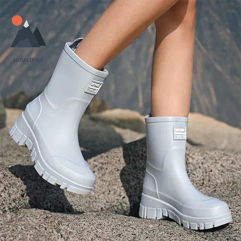 Women's Waterproof Boots in Molded Rubber | Block Heel, Mid Calf Shaft, Deep Treaded Outsole | Sizes 3.5-7.5, 4 Colors