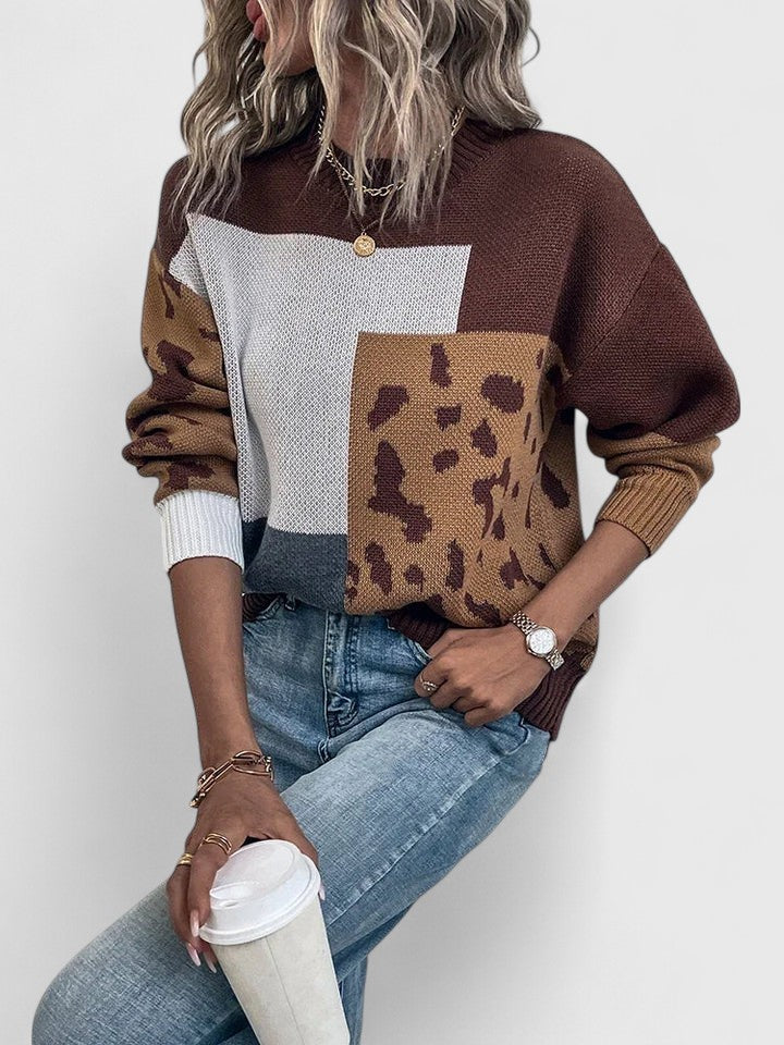 Women's Leopard Print Sweater with Patchwork Design | Warm, Breathable Jumper in a Relaxed Fit for Fall and Winter