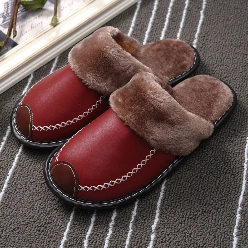 Women's Winter Slippers with a Leather Upper | Closed Toe Mules with a Plush Collar and an Open Back | 7 Colors