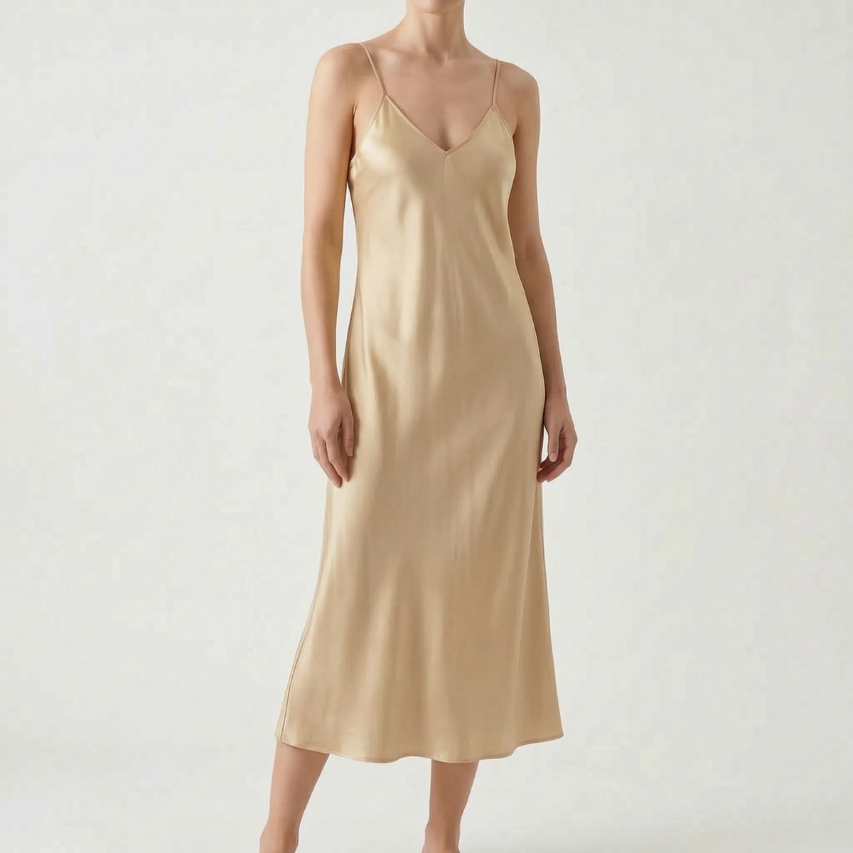 Women's Satin Slip Midi Dress with V Neckline | Thin Shoulder Straps, Bias Cut Skirt | Sizes XS to 3XL, 6 Colors