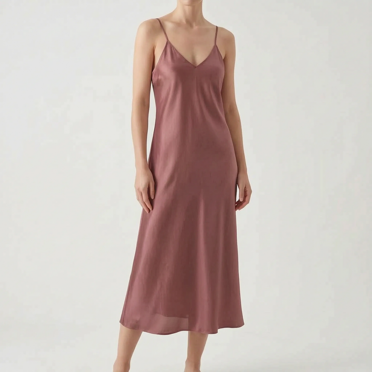 Women's Satin Slip Midi Dress with V Neckline | Thin Shoulder Straps, Bias Cut Skirt | Sizes XS to 3XL, 6 Colors