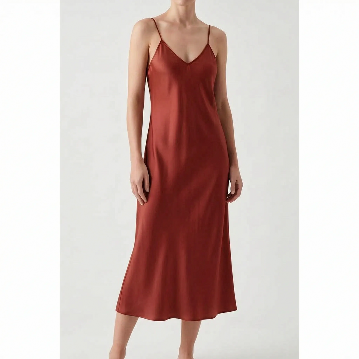Women's Satin Slip Midi Dress with V Neckline | Thin Shoulder Straps, Bias Cut Skirt | Sizes XS to 3XL, 6 Colors