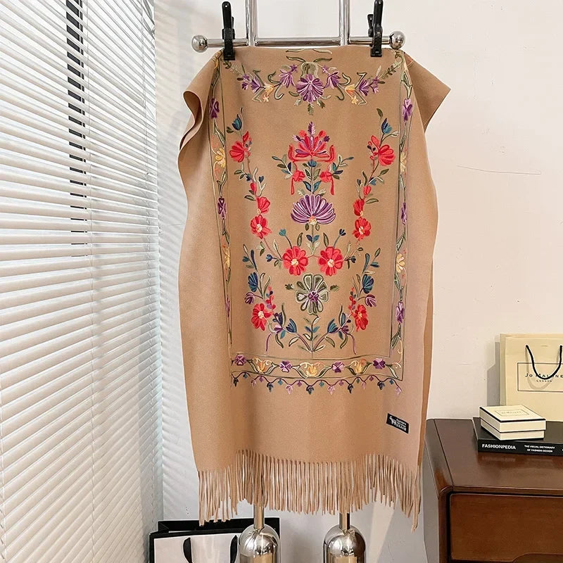 Women's Oversized Cashmere Wool Scarf | Floral Print with Fringed Edges | Winter Wrap in 6 Colors