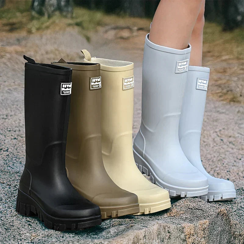 Women's Waterproof Boots in Molded Rubber | Block Heel, Mid Calf Shaft, Deep Treaded Outsole | Sizes 3.5-7.5, 4 Colors