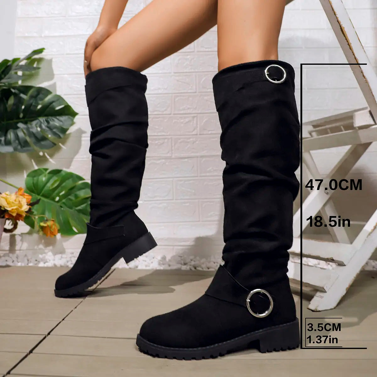 Women's Knee High Boots with a Slouchy Shaft | Buckle Accents, Block Sole, 18.5 Inch Height | 6 Colors