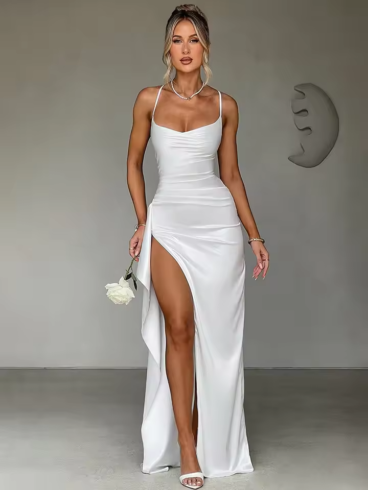 Women's Satin Formal Maxi Dress with High Slit | Floor Length Gala Look | Sizes XS to 3XL, 3 Colors