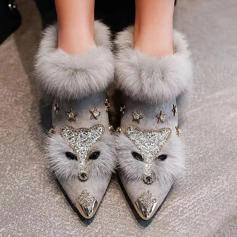Women's Pointed Toe Ankle Boots with Faux Fur Trim | Rhinestone Detailing, Metal Cap and Block Heel | 2 Colors