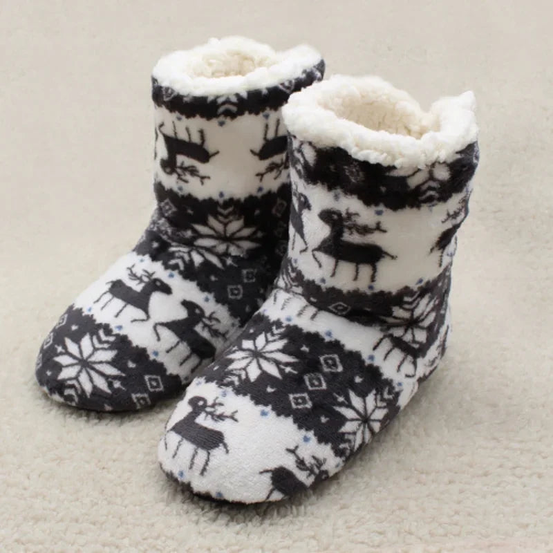 Women's Slipper Boots with Fold Over Cuffs | Plush Winter Slippers with a Snowflake and Reindeer Print | 7 Colors