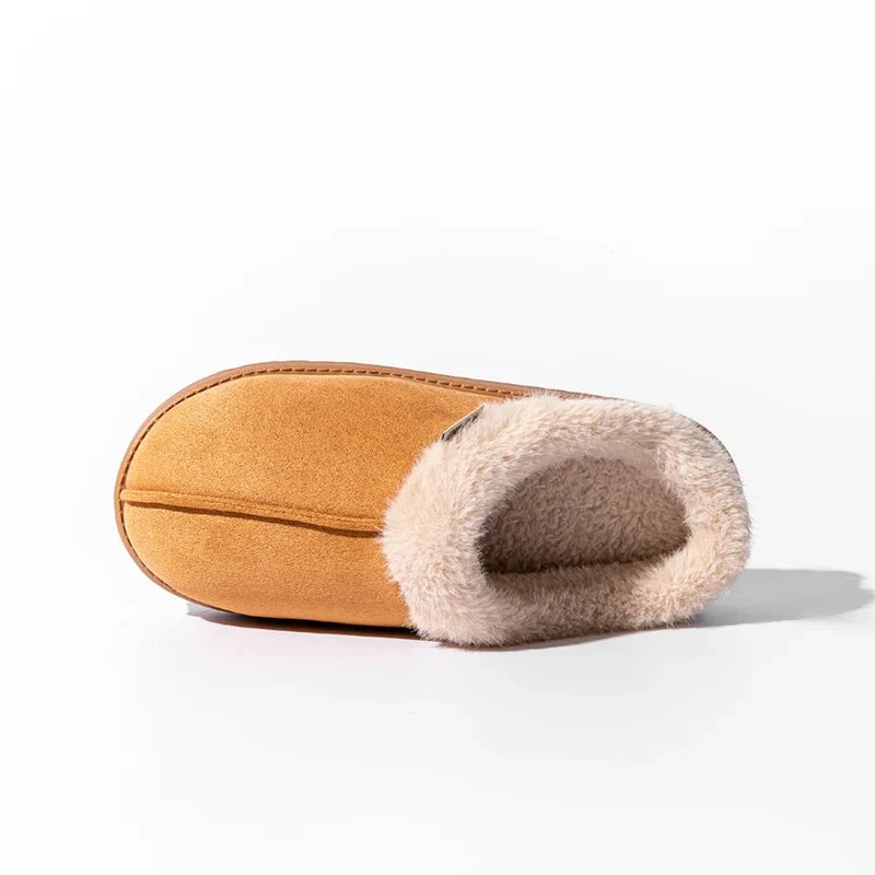 Women's Fluffy Slippers in Faux Suede | Warm Lined Mules with an Open Back | Flat Anti Slip EVA Sole for Indoor Wear