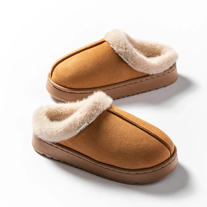 Women's Fluffy Slippers in Faux Suede | Warm Lined Mules with an Open Back | Flat Anti Slip EVA Sole for Indoor Wear