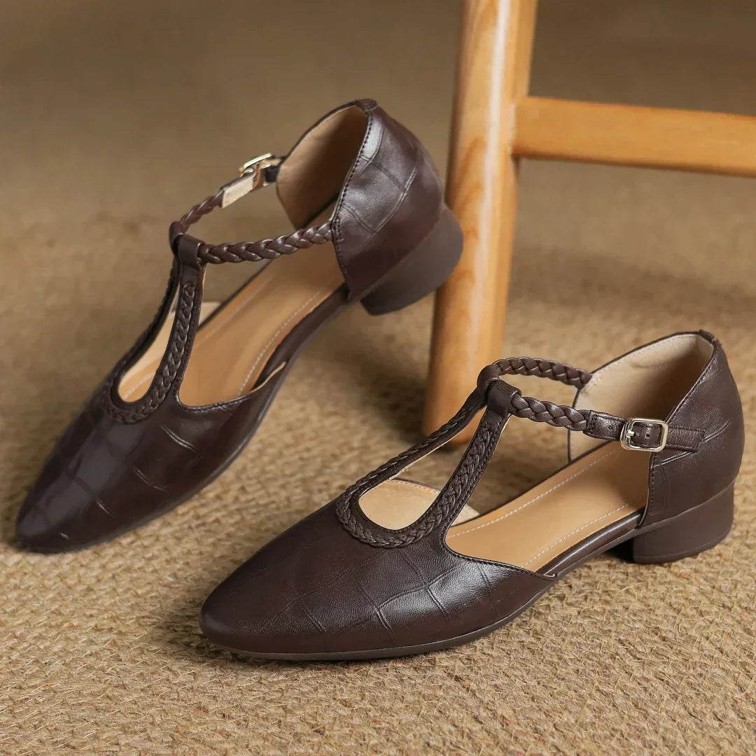 Women's Leather Mary Jane Ballet Flats | T-Strap Buckle, Tapered Toe and Cushioned Flat Sole | Size 5.5-8, Brown or Black