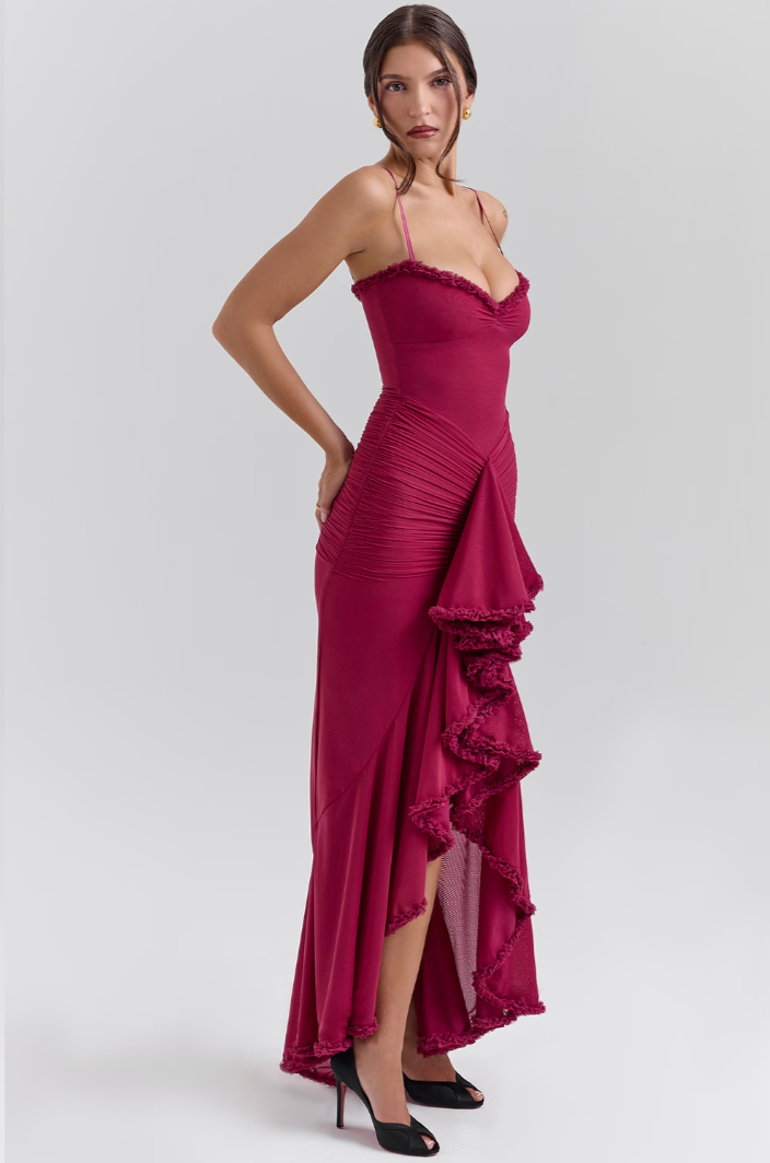 Women's Lace Wedding Guest Dresses with a Draped Waist | Cascading Ruffles and a High Low Hem | Size S-XL, 4 Colors