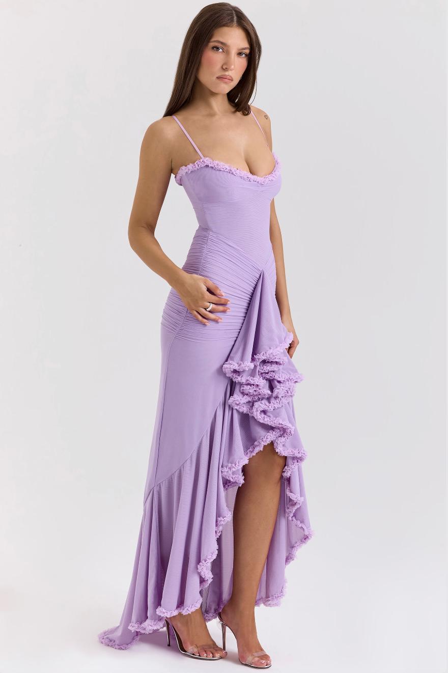 Women's Lace Wedding Guest Dresses with a Draped Waist | Cascading Ruffles and a High Low Hem | Size S-XL, 4 Colors