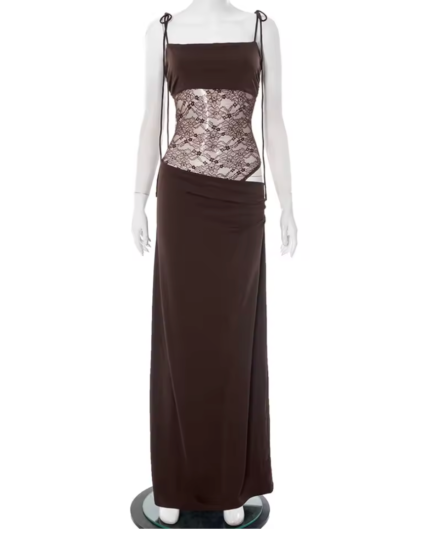 Women's Lace Panel Maxi Dress | Adjustable Tie Straps and a Straight Line for Evening Parties | Size XS-L, 4 Colors