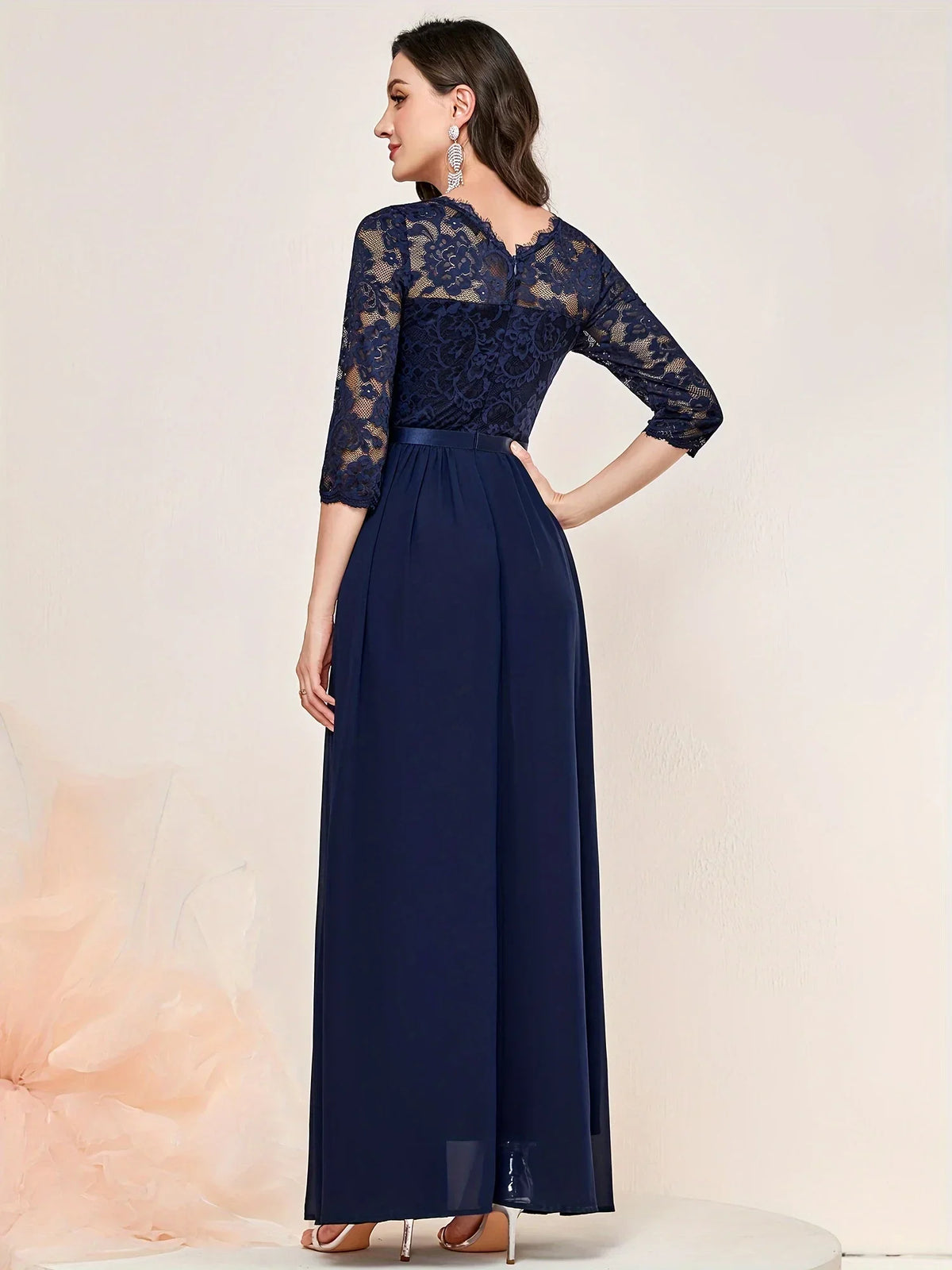 Women's Lace Overlay Maxi Dress with 3/4 Sleeves | Pleated Floor Length Skirt | Size S-2XL, 4 Colors