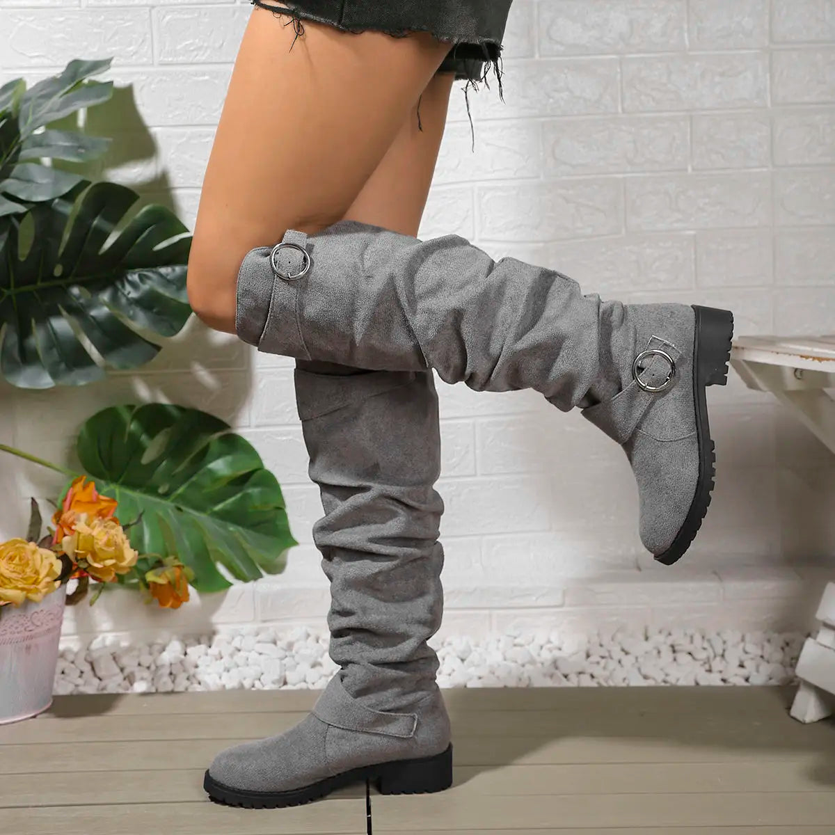 Women's Knee High Boots with a Slouchy Shaft | Buckle Accents, Block Sole, 18.5 Inch Height | 6 Colors