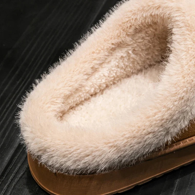 Women's Fluffy Slippers in Faux Suede | Warm Lined Mules with an Open Back | Flat Anti Slip EVA Sole for Indoor Wear