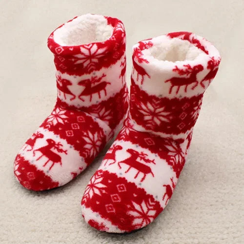 Women's Slipper Boots with Fold Over Cuffs | Plush Winter Slippers with a Snowflake and Reindeer Print | 7 Colors
