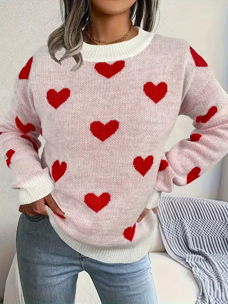 Women's Heart Pattern Knit Sweater | Lightweight Relaxed Pullover for Cold Mornings | Size S-2XL, White or Pink