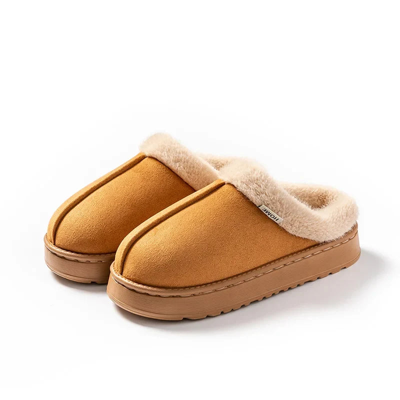 Women's Fluffy Slippers in Faux Suede | Warm Lined Mules with an Open Back | Flat Anti Slip EVA Sole for Indoor Wear