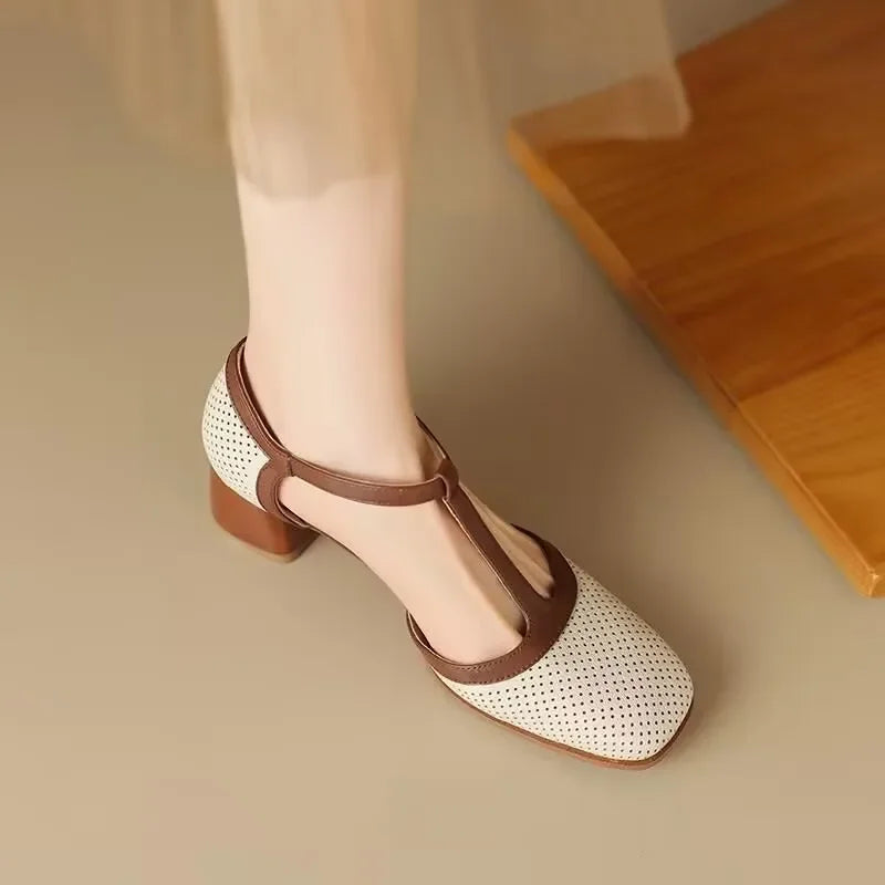 Women's Block Heel Pumps with T-Strap Buckle | Perforated Upper, Square Toe for Work and Ceremony | Size 5-8, Cream or Beige