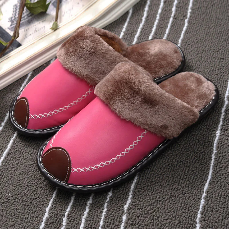 Women's Winter Slippers with a Leather Upper | Closed Toe Mules with a Plush Collar and an Open Back | 7 Colors