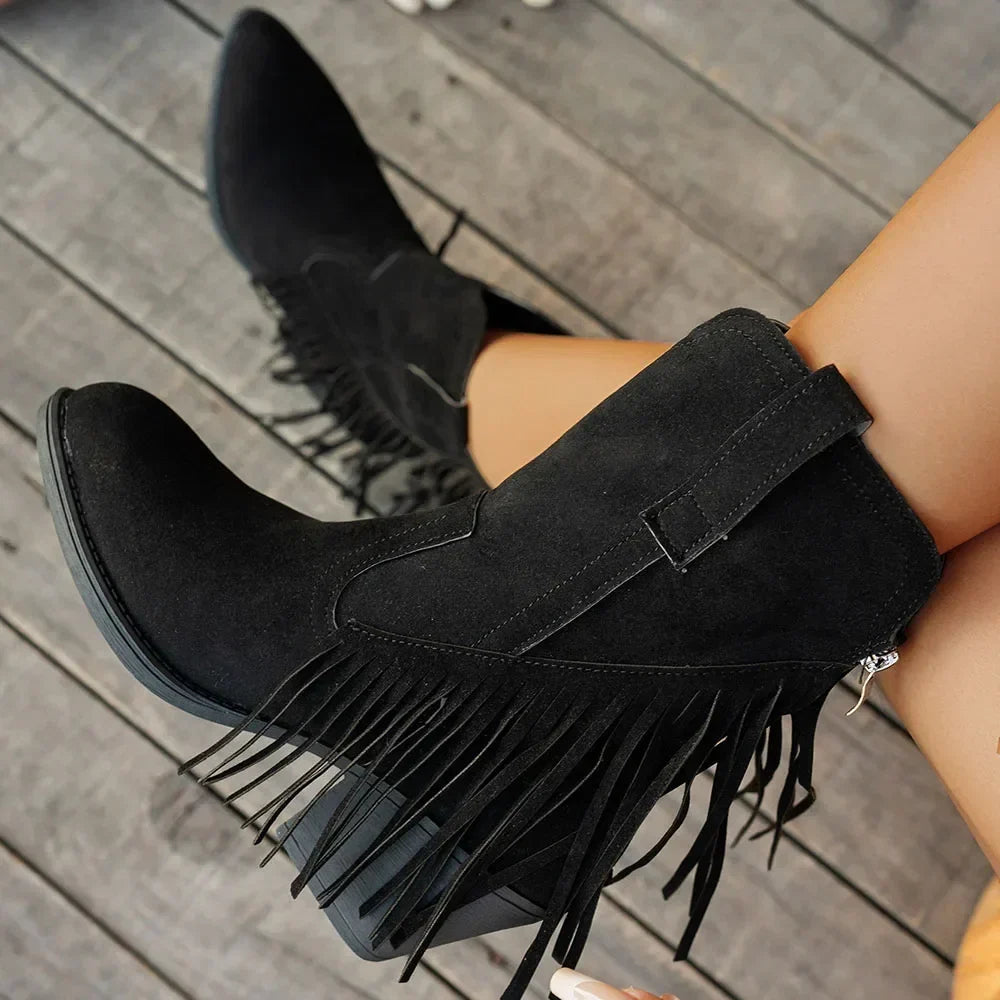 Women's Fringe Cowboy Boots, Knee High Western Style | Wide Calf Shaft with Side Zip | Size 5.5-10.5