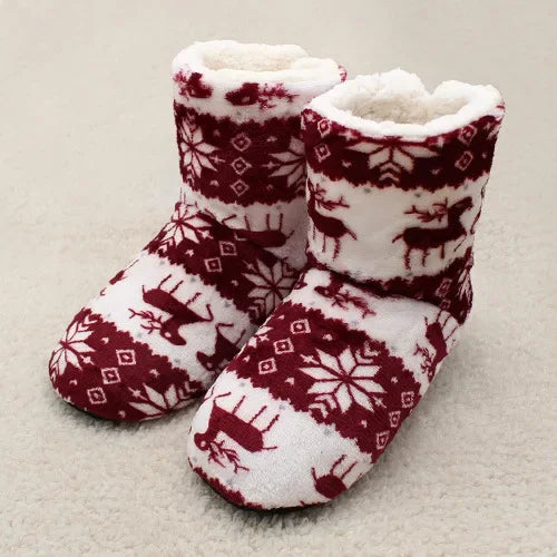 Women's Slipper Boots with Fold Over Cuffs | Plush Winter Slippers with a Snowflake and Reindeer Print | 7 Colors