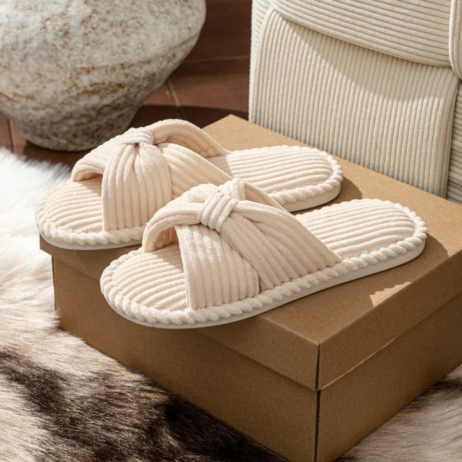 Women's Slide Slippers with a Knotted Bow | Corduroy Open Toe Mules with a Cushioned Insole | Sizes S to 2XL, 5 Colors