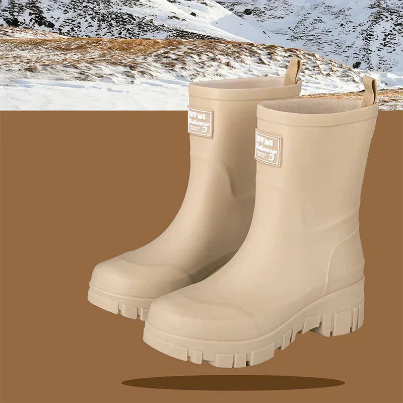 Women's Waterproof Boots in Molded Rubber | Block Heel, Mid Calf Shaft, Deep Treaded Outsole | Sizes 3.5-7.5, 4 Colors
