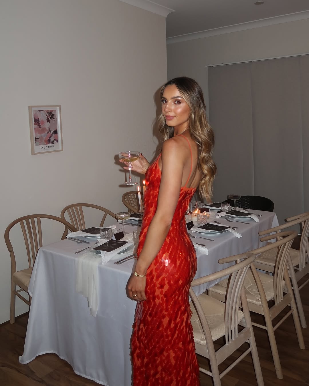 Women's Red Sequin Evening Dress with an Open Back | Light Fabric in a Fitted, Fluid Line | Size S-L