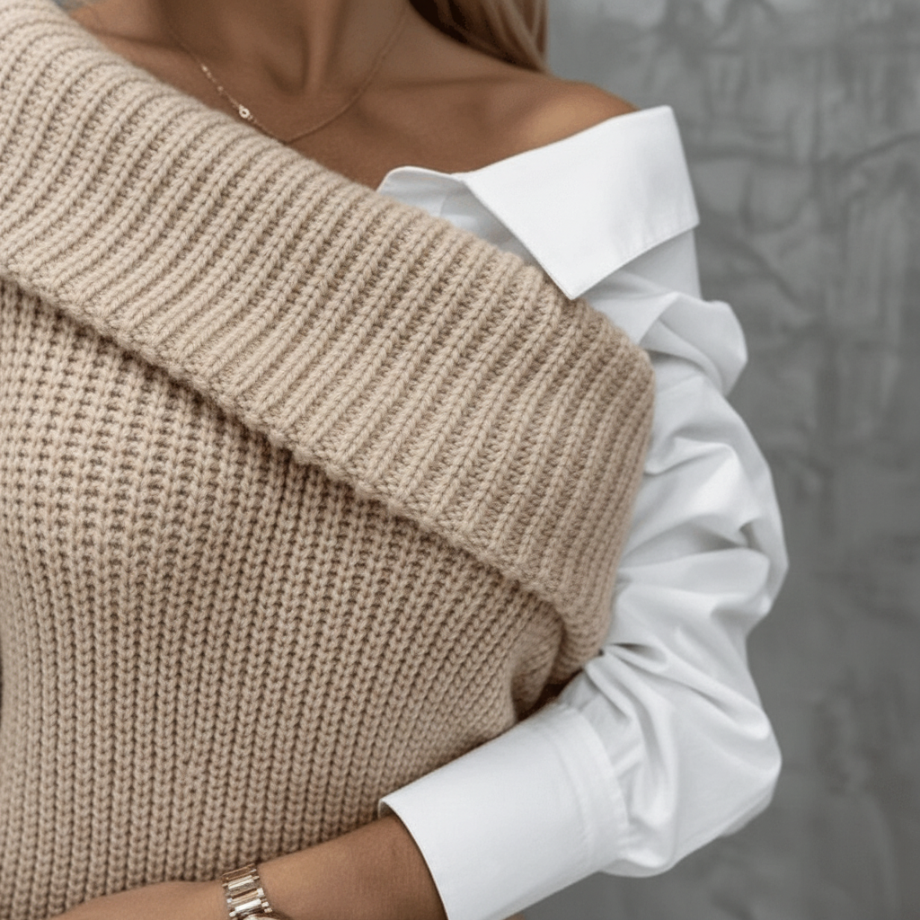 Women's Off the Shoulder Sweater Dress | Foldover Collar, Contrast White Shirt Sleeves | Sizes S-3XL, 2 Colors
