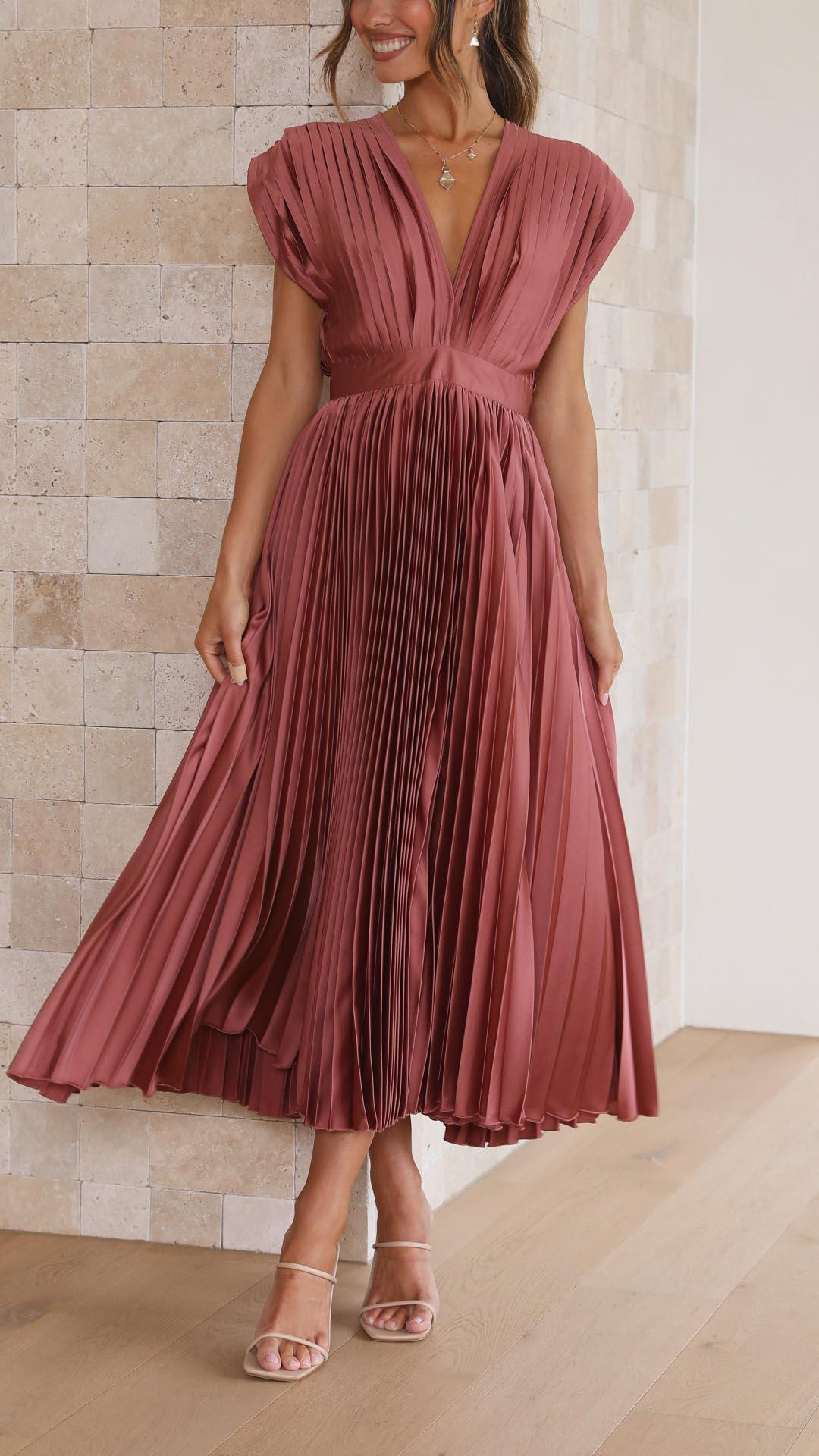 Women's Pleated Maxi Dress with a Draped V Neck | High Waist and Airy Lightweight Fabric | Size S-XL, 4 Colors
