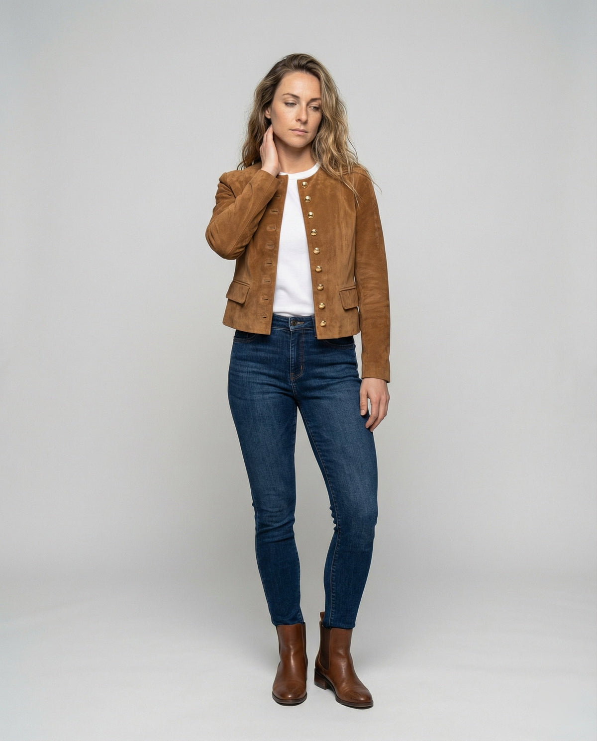 Women's Tan Suede-Look Jacket with Gold Buttons | Collarless, Fitted Waist, Hip Length, Soft Velvety Feel | Size S-2XL