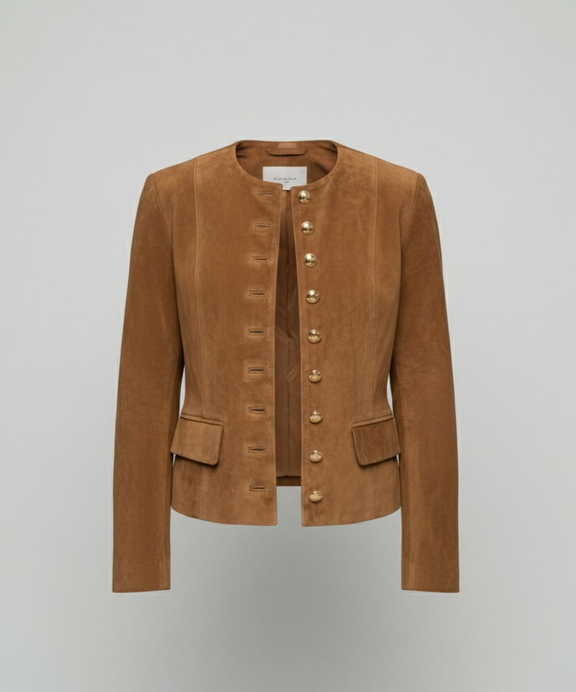 Women's Tan Suede-Look Jacket with Gold Buttons | Collarless, Fitted Waist, Hip Length, Soft Velvety Feel | Size S-2XL