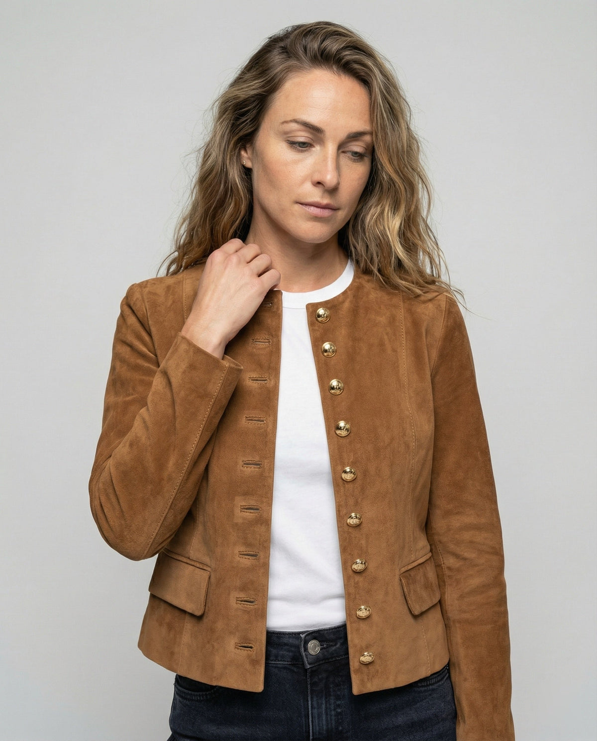 Women's Tan Suede-Look Jacket with Gold Buttons | Collarless, Fitted Waist, Hip Length, Soft Velvety Feel | Size S-2XL