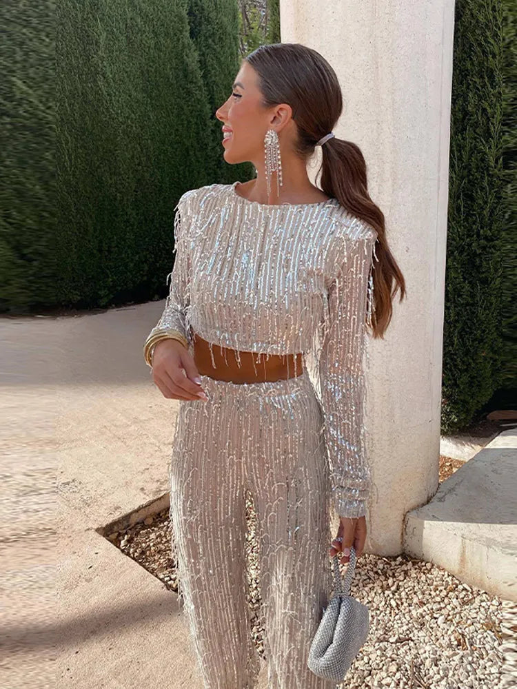 Women's Sequin Two Piece Set with Fringe Detail | Cropped Long Sleeve Top, High Waist Pants | Sizes S to L, 3 Colors
